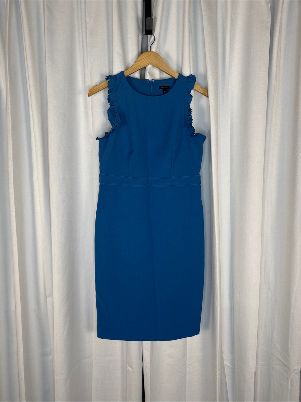 Sleeveless Blue Sheath Dress with Ruffle Shoulders